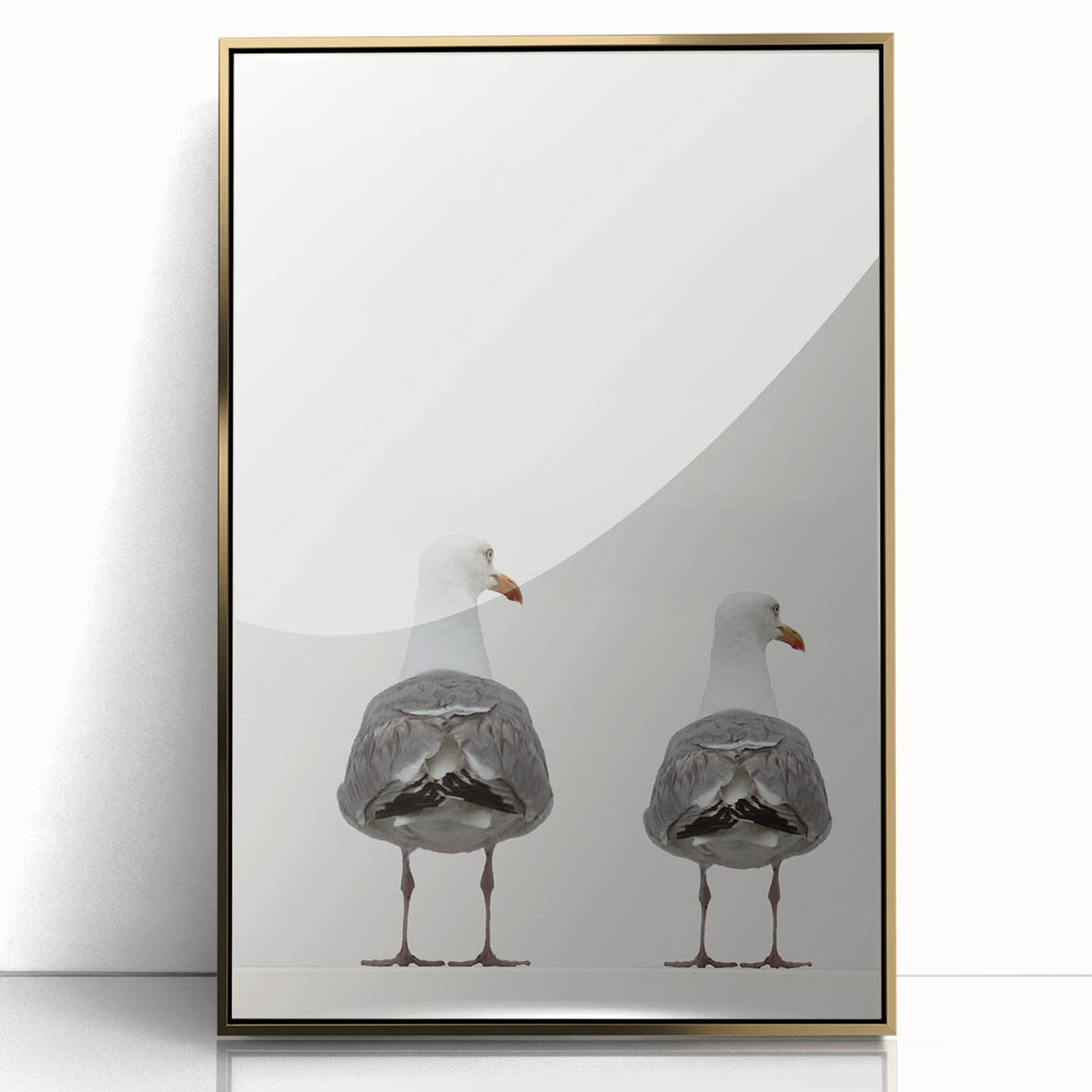 Large art print featuring a mid-century modernist abstract design in gold and white tones on acrylic.