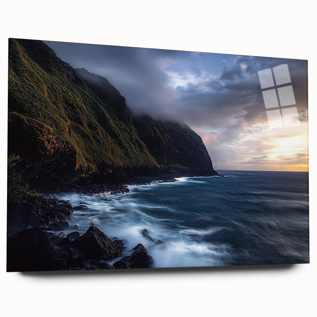 Acrylic glass artwork showcasing a stunning landscape of cliffs with vibrant colors and intricate details, presented in a side view without pins, ideal for modern decor.