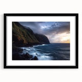 Black-framed landscape artwork showcasing dramatic cliffs and serene skies, designed with a white mat for an elegant presentation. Perfect for home decor and gallery displays.