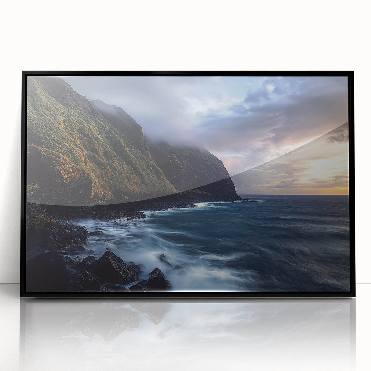 Framed acrylic artwork showcasing a stunning cliff landscape with vibrant colors and intricate details, set in a sleek black frame for a modern aesthetic. Ideal for enhancing interior decor.