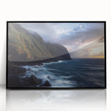 Framed acrylic artwork showcasing a stunning cliff landscape with vibrant colors and intricate details, set in a sleek black frame for a modern aesthetic. Ideal for enhancing interior decor.