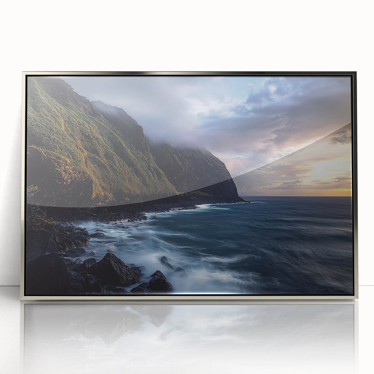 Framed acrylic artwork depicting a scenic landscape with dramatic cliffs and vibrant colors, showcasing natural beauty and depth, ideal for modern decor.