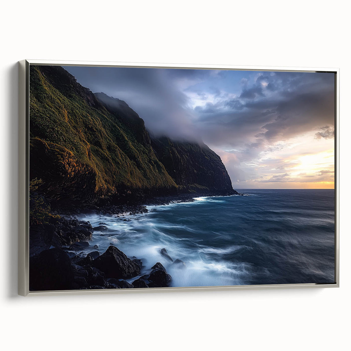 Framed canvas artwork depicting a stunning landscape of cliffs in serene colors, showcasing a silver side view that enhances its contemporary appeal. Perfect for modern home decor.