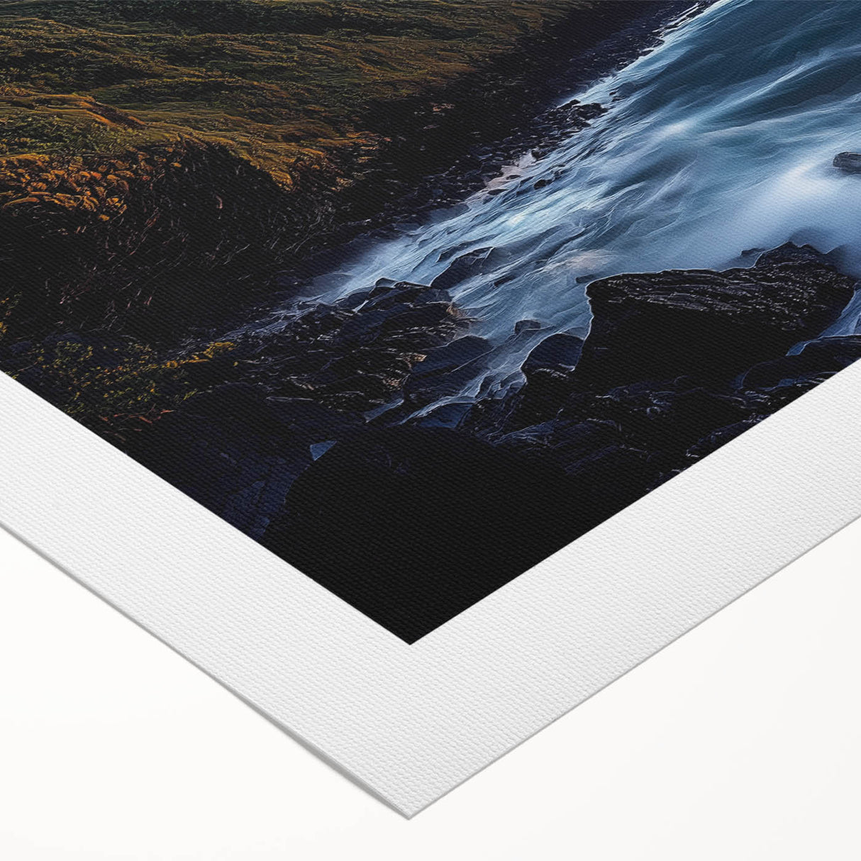 Vibrant rolled canvas showcasing a stunning landscape of cliffs under a blue sky, ideal for home decor. Packaged securely in a durable cardboard tube for protection during shipping.