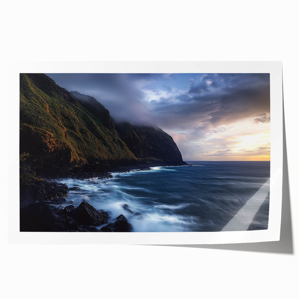 Vibrant landscape canvas print showcasing dramatic cliffs under a bright blue sky, beautifully rolled and ready for display, ideal for nature-inspired decor.