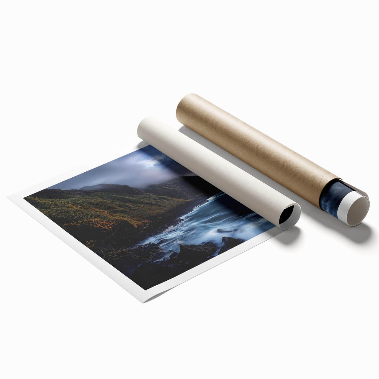 Stunning landscape print showcasing dramatic cliffs and vibrant colors, rolled and securely packaged in a durable cardboard tube for safe shipping and display.