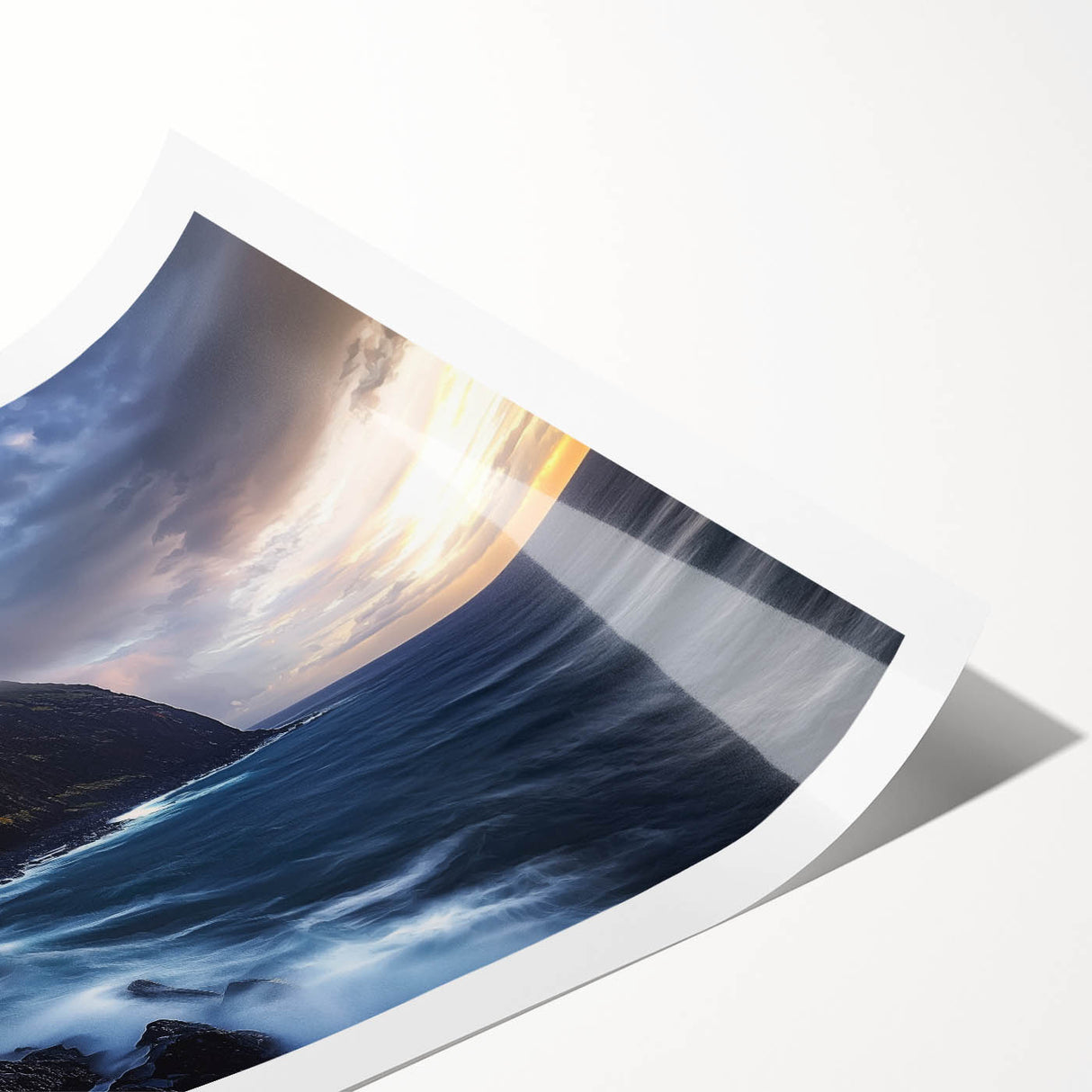 Stunning landscape art print showcasing dramatic cliffs and vibrant colors, rolled and packaged in a durable tube, perfect for home decor enthusiasts.