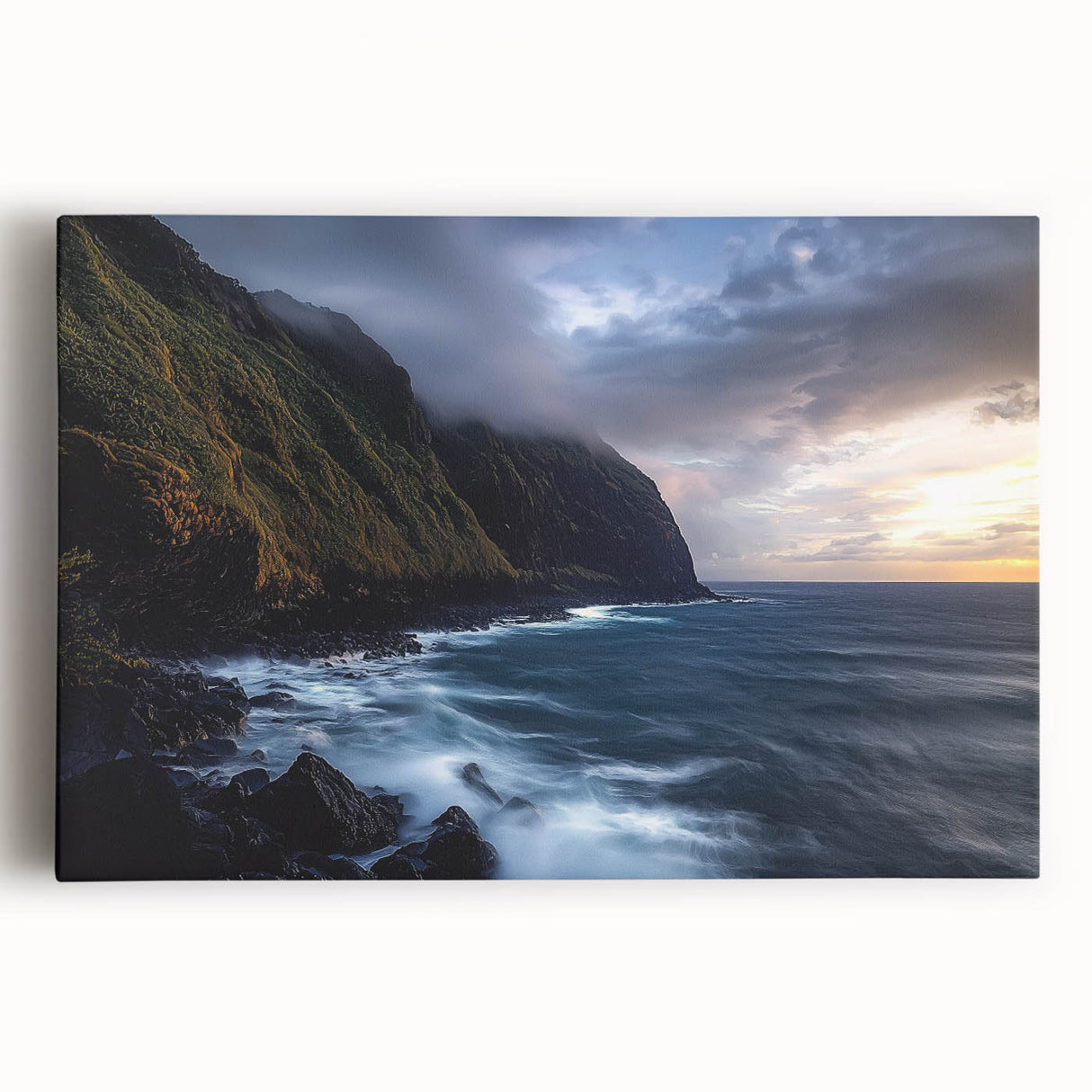 Vibrant stretched canvas artwork depicting colorful cliffs and landscapes, showcasing rich textures and dynamic colors, perfect for modern home decor.