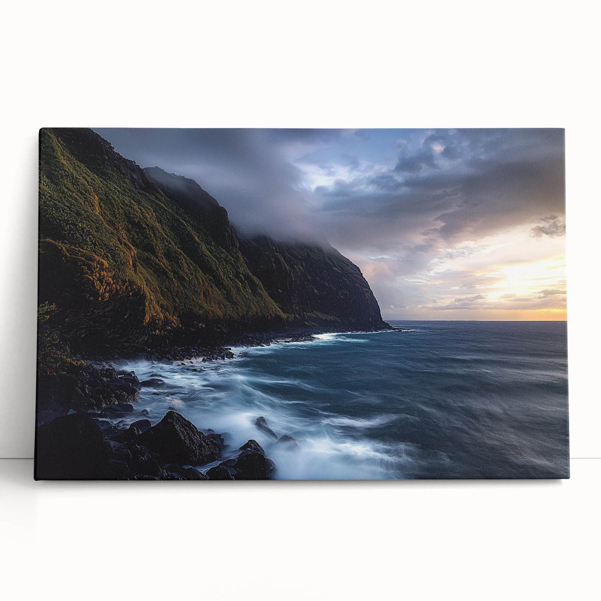 Stretched canvas artwork depicting a breathtaking landscape of rugged cliffs under a vibrant blue sky, showcasing natural beauty and artistic detail, ideal for home decor.