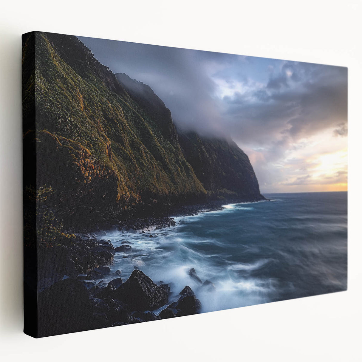 Stretched canvas artwork showcasing a breathtaking view of rugged cliffs against a vibrant sunset, emphasizing natural beauty and tranquility in home decor.