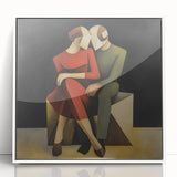 Framed acrylic artwork showcasing an abstract figurative design in vibrant colors, set against a white background, ideal for modern home decor.