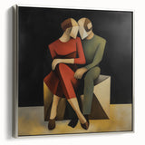 Framed abstract figurative canvas art with a silver frame, showcasing elegant shapes and dynamic colors, perfect for modern home decor.