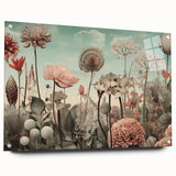 Abstract floral wall art displayed in a modern acrylic glass frame, showcasing vibrant colors and intricate designs, elevated by decorative pins for a striking visual impact. Ideal for home decor or art enthusiasts seeking unique pieces.