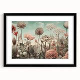 Abstract floral wall art framed in black with a white mat, showcasing vibrant colors and intricate patterns, perfect for modern home decor.