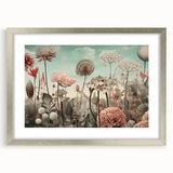 Abstract floral wall art framed with a silver mat, showcasing vibrant colors and intricate designs, perfect for modern home decor and adding elegance to any room.