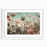 Abstract floral wall art framed with a white mat, showcasing vibrant colors and intricate designs, perfect for modern home decor. Ideal for enhancing living spaces.