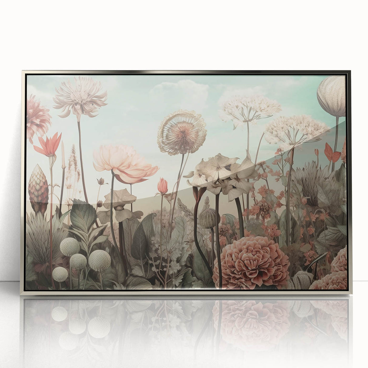 Framed acrylic wall art featuring an abstract floral design in vibrant colors, set against a sleek silver frame, perfect for modern home decor.