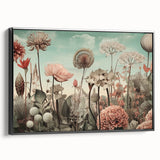 Framed canvas wall art showcasing abstract floral designs in vibrant colors, presented in a sleek black frame, ideal for modern home decor.