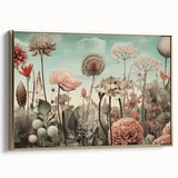 Framed abstract floral wall art showcasing vibrant colors with gold accents, displayed in a stylish side view, perfect for modern home decor.