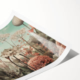 Colorful abstract floral wall art print featuring vibrant hues of pink, orange, and green, designed for modern decor, rolled and ready for framing.