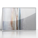 Framed abstract landscape wall art featuring soft white and gray tones, set in an elegant acrylic frame, perfect for modern home decor.