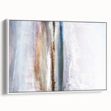 Framed canvas artwork showcasing an abstract landscape in soft pastel colors, set against a white background, ideal for modern home decor.