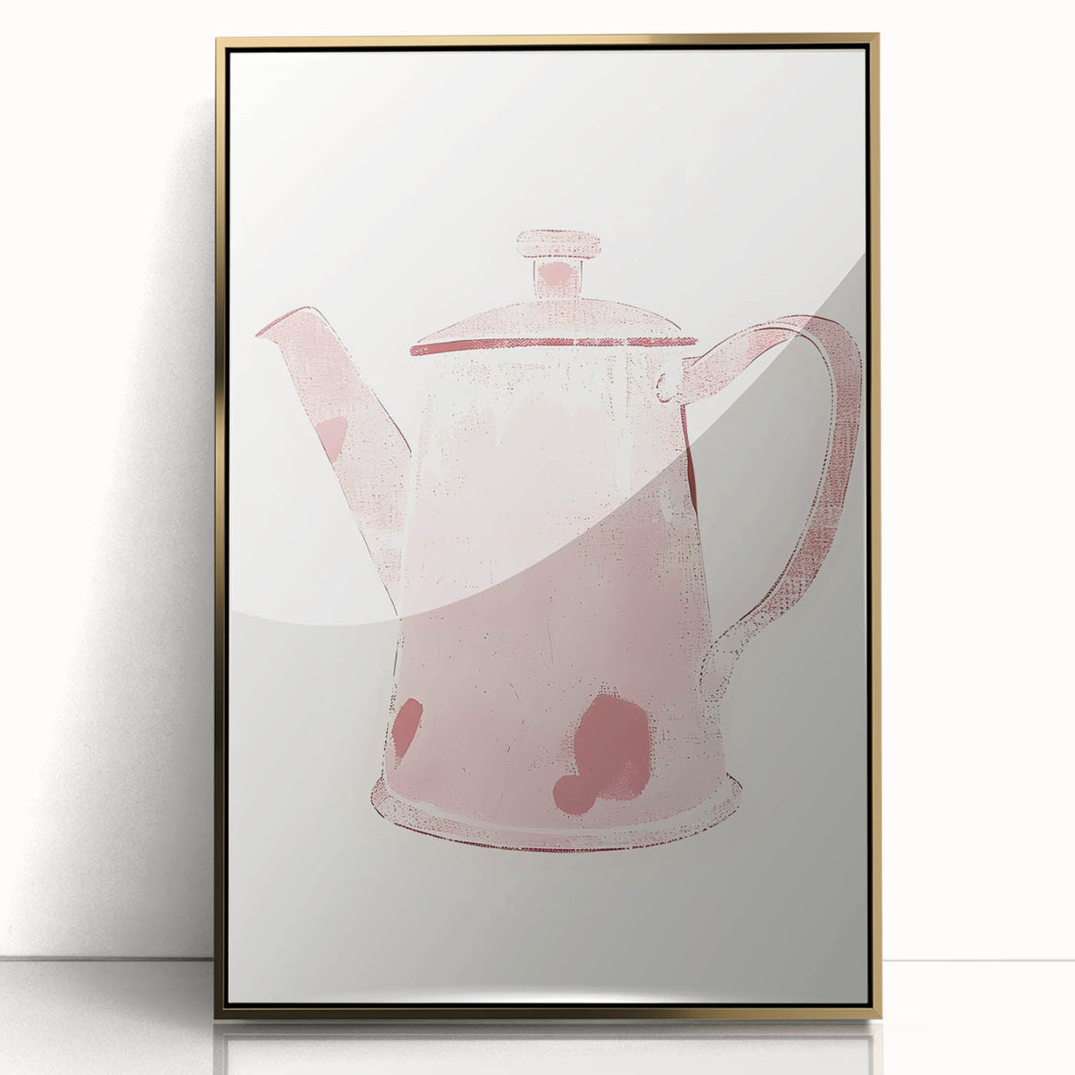 Large art print of food and drinks in mid-century modernist style, framed in gold acrylic, suitable for modern kitchen decor.