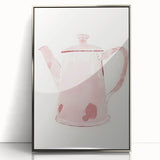 Mid-century modernist art depicting food and drinks in muted colors on a silver-framed acrylic print.