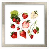 Textured art print of abstract fruits in muted earth tones, framed in silver, ideal for bedroom wall decor.