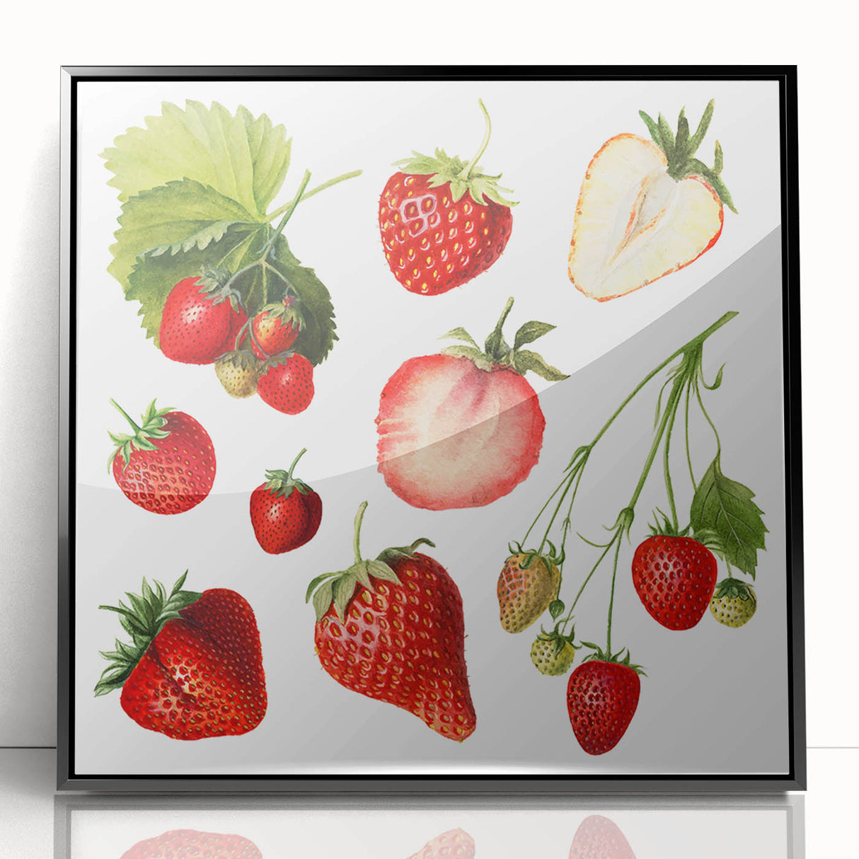 Large abstract wall art featuring assorted fruits in vibrant colors on a black acrylic framed print, ideal for kitchen decor.