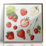 Large art print of assorted fruits in vibrant colors on acrylic, framed in gold, in a mid-century modernist style.