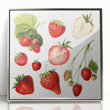 Mid-century modernist art featuring colorful assorted fruits on a silver framed acrylic print, suitable for nursery wall art.