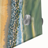 Close-up view of a vibrant acrylic landscape artwork depicting serene beaches, showcasing vivid colors and intricate details, perfect for home decor.