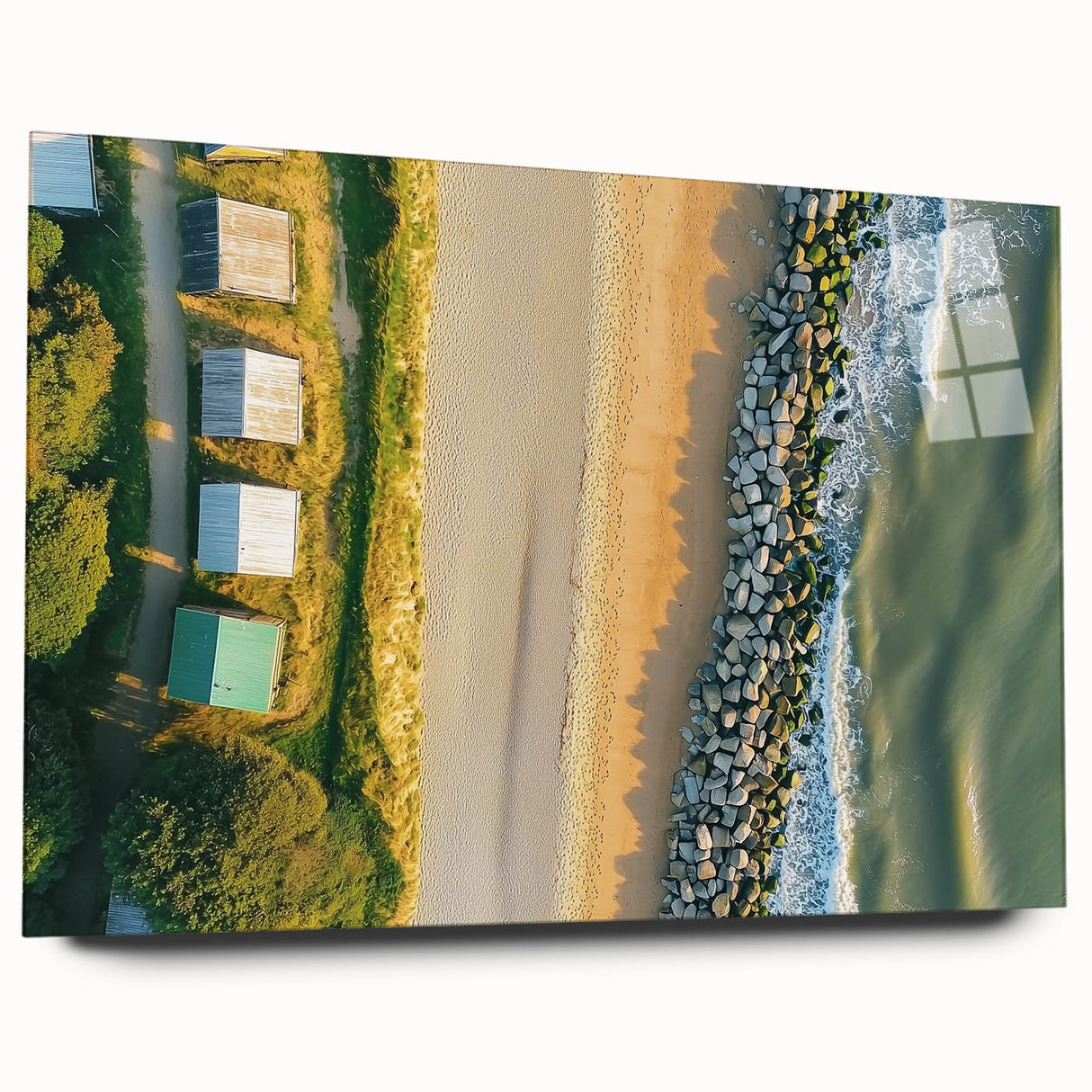 Acrylic glass artwork depicting a serene beach landscape with vibrant colors and intricate details, displayed in a side view without pins, perfect for coastal decor.