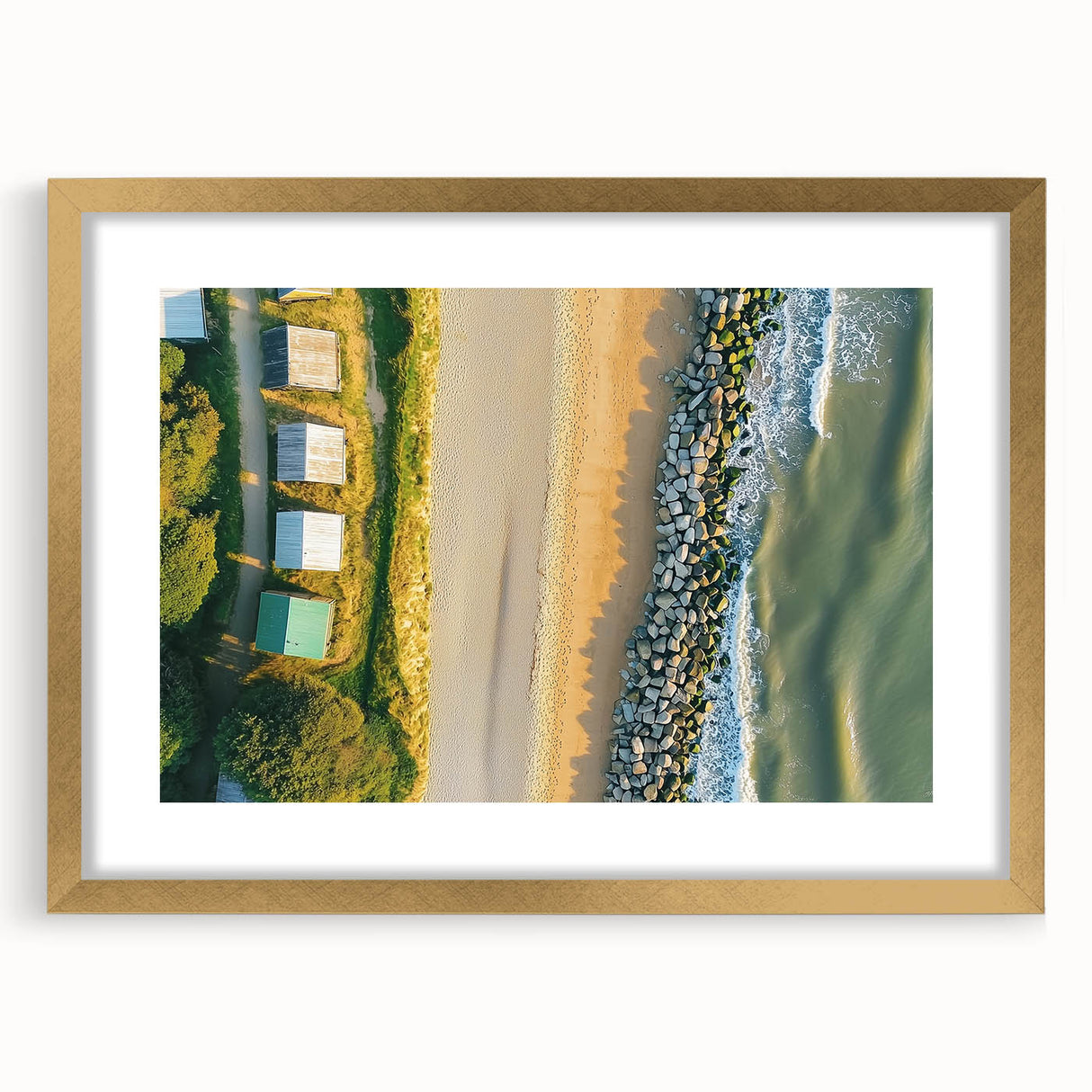 Elegant landscape artwork featuring a serene beach scene, framed in a sophisticated gold frame with a mat, perfect for enhancing home decor. The image captures vibrant colors and the tranquil essence of coastal life, making it an ideal centerpiece for beach lovers or interior design enthusiasts.