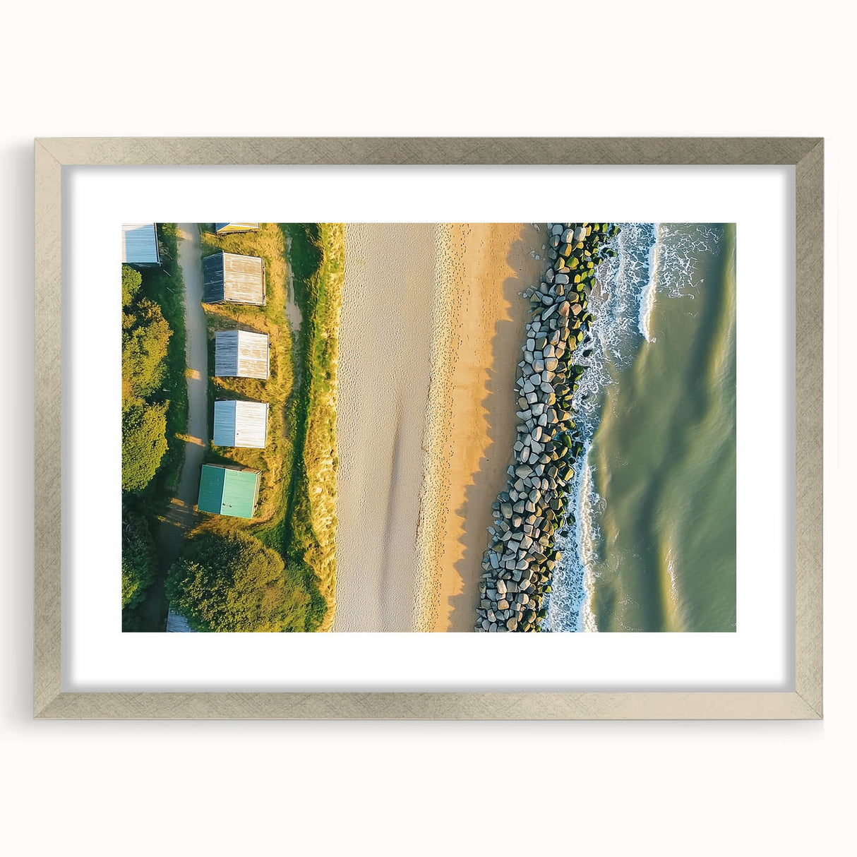 Landscape frame showcasing a serene beach scene with a silver mat, ideal for home decor, emphasizing tranquility and nature's beauty, perfect for coastal-themed interiors.