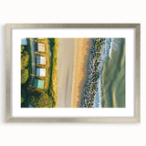 Landscape frame showcasing a serene beach scene with a silver mat, ideal for home decor, emphasizing tranquility and nature's beauty, perfect for coastal-themed interiors.