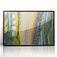 Framed acrylic artwork depicting serene beach landscape with vibrant colors, showcased in a sleek black frame, ideal for home decor enhancement.