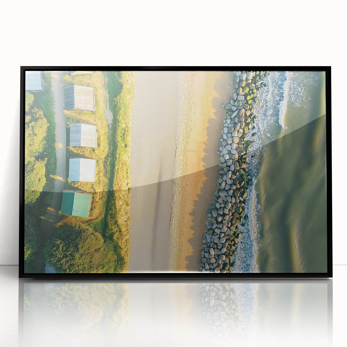 Framed acrylic artwork depicting serene beach landscape with vibrant colors, showcased in a sleek black frame, ideal for home decor enhancement.