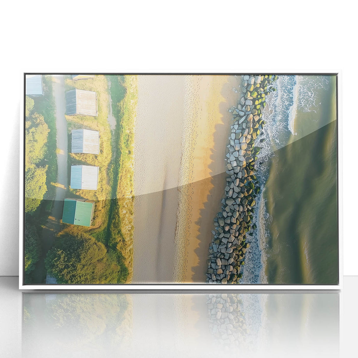 Framed acrylic artwork titled "Design 146," showcasing a serene beach landscape with soft pastel colors. Ideal for home decor and coastal-themed interiors.