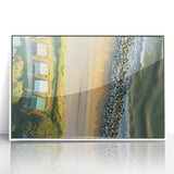 Framed acrylic artwork titled "Design 146," showcasing a serene beach landscape with soft pastel colors. Ideal for home decor and coastal-themed interiors.