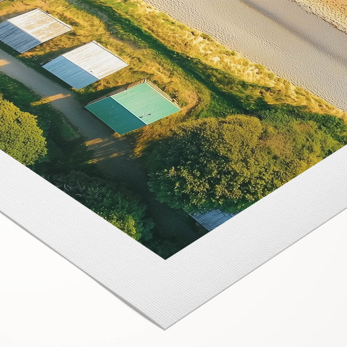 Rolled canvas showcasing a vibrant beach landscape with vivid colors and soft waves, elegantly packaged in a protective tube for safe shipping. Ideal for coastal decor enthusiasts.