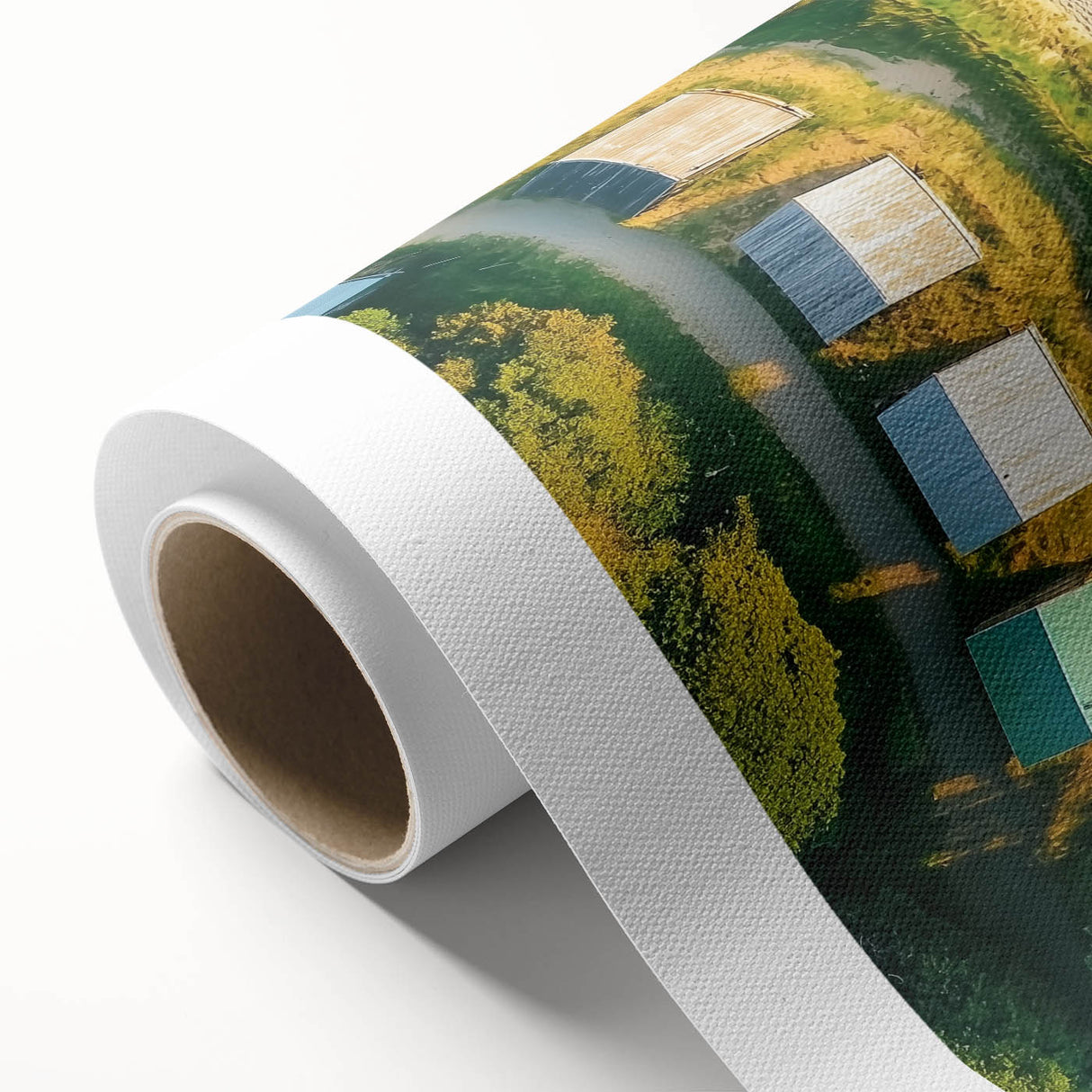 Rolled canvas showcasing a vibrant beach landscape scene with clear blue skies and gentle waves, packaged securely in a durable cardboard tube for safe delivery.