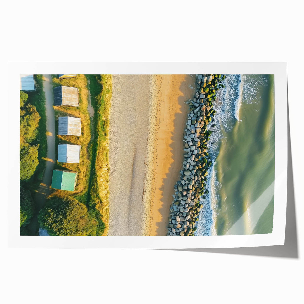 Vibrant rolled landscape print showcasing a serene beach scene with golden sands and turquoise waves, elegantly packaged in a protective cardboard tube. Ideal for home decor.
