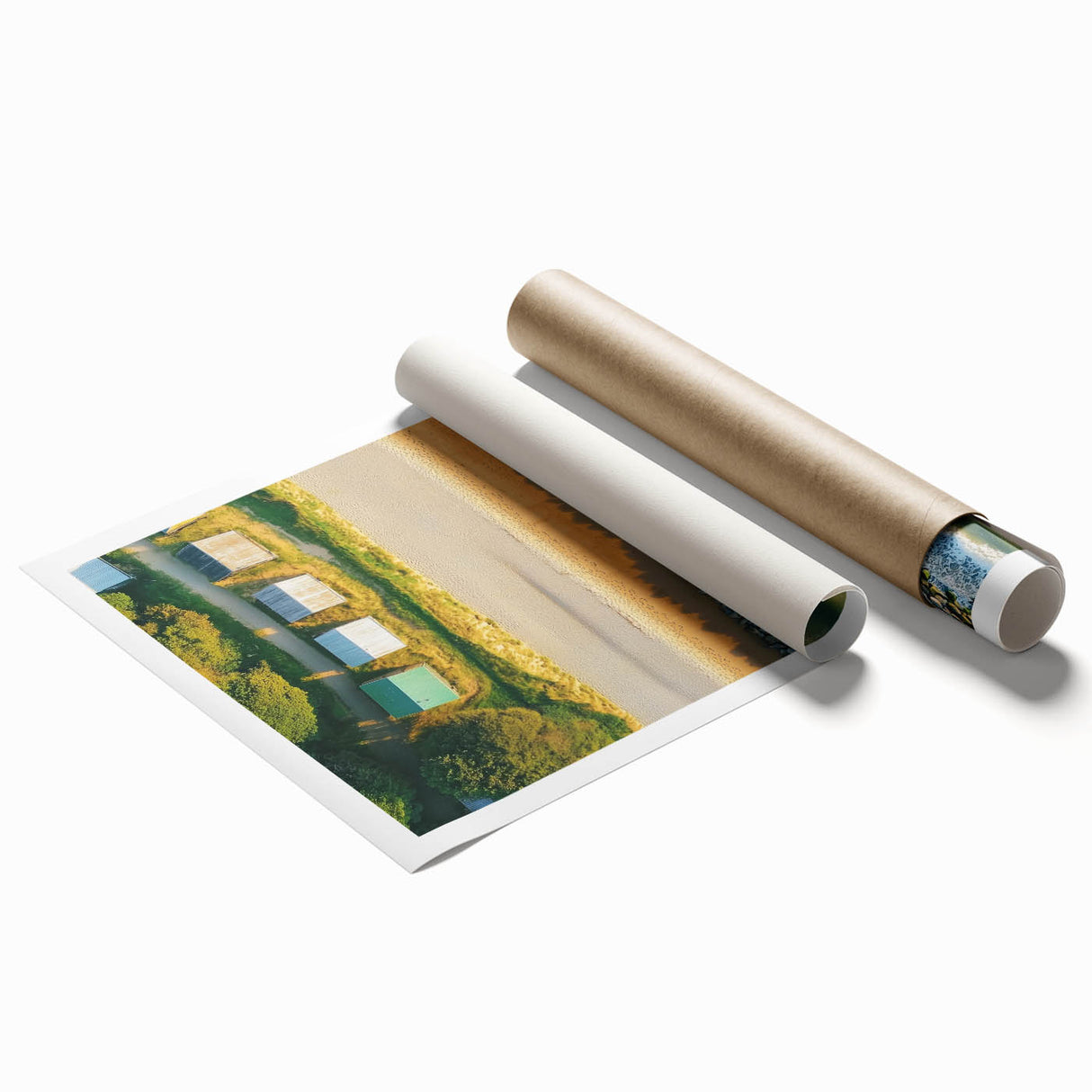 Vibrant beach landscape print showcasing serene turquoise waters and golden sands, rolled for easy shipping in a protective cardboard tube, ideal for coastal decor.