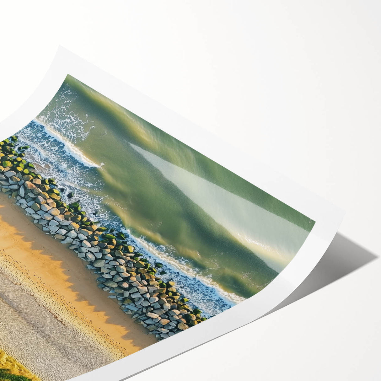 Stunning rolled print showcasing a vibrant beach landscape with golden sands and turquoise waters, elegantly packaged in a protective cardboard tube for easy transport.
