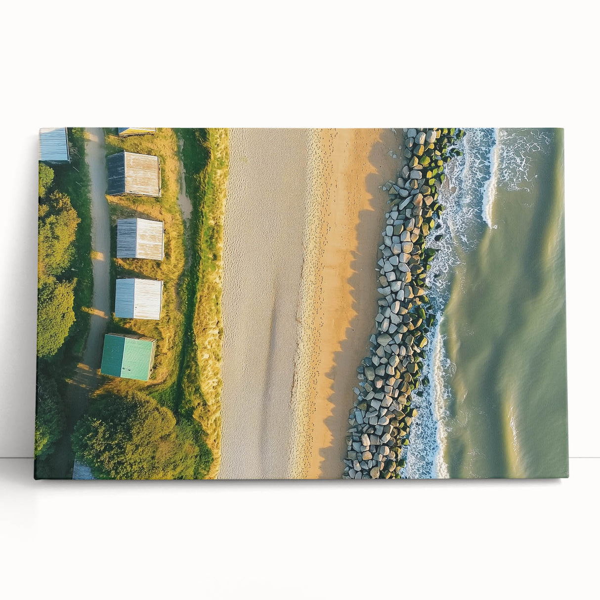 Stretched canvas artwork depicting a serene beach landscape with soft pastel colors, perfect for coastal-themed home decor, enhancing tranquility in any room.