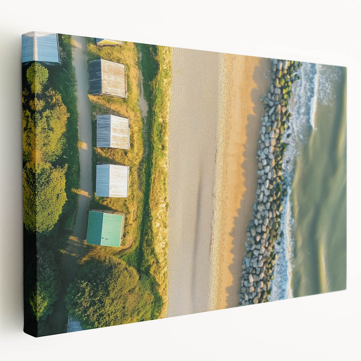 Stretched canvas art showcasing a vibrant beach landscape with vivid colors and serene waves, perfect for coastal-themed home decor or relaxation spaces.