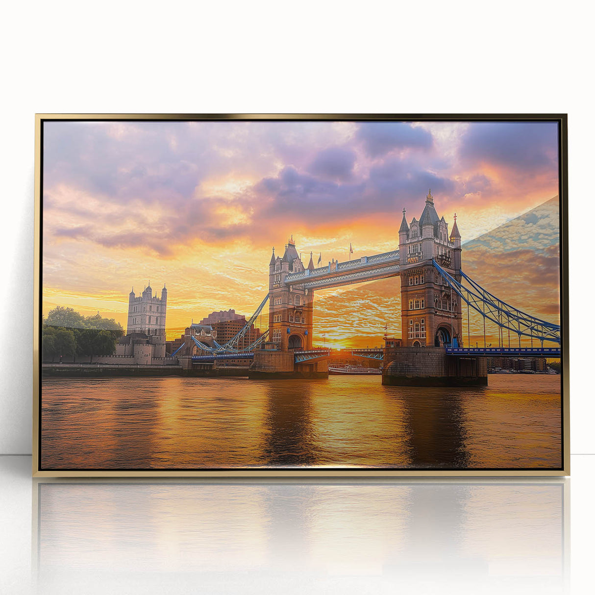 Framed acrylic artwork of a landscape bridge in gold tones, showcasing intricate details and a modern aesthetic, perfect for enhancing home decor.