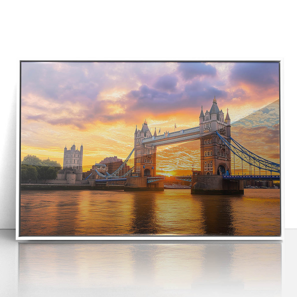 Framed acrylic artwork of a serene landscape bridge scene, featuring vibrant colors and intricate details, ideal for modern home decor or office spaces.